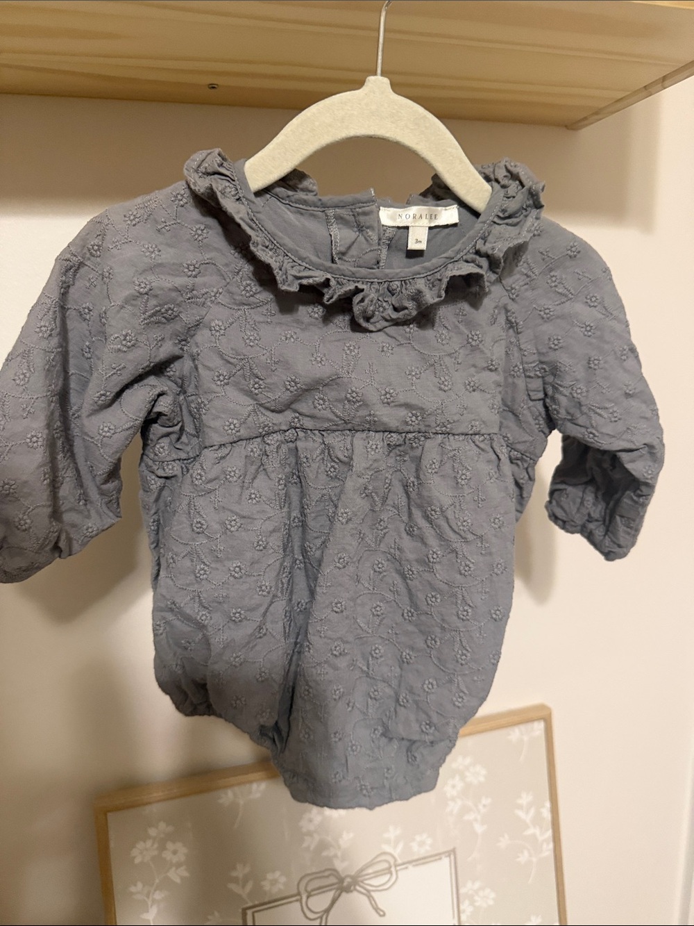 Nordstrom Baby Girls' Dusty Blue Ruffle Neck Embroidered Top